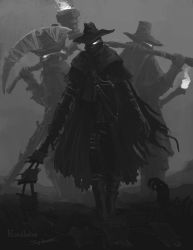 Rule 34 | 3boys, absurdres, bloodborne, cape, cloak, coat, commentary, death, english text, fire, gloves, glowing, glowing eyes, greyscale, hat, hat over one eye, highres, holding, holding scythe, holding sword, holding torch, holding weapon, hunting, male focus, monochrome, multiple boys, nightmare hunter (bloodborne), outdoors, over shoulder, scythe, shaded face, signature, standing, sword, torch, torn cape, torn cloak, torn clothes, tripdancer, walking, weapon, weapon over shoulder