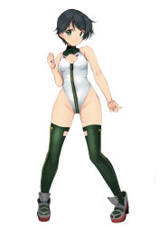 Rule 34 | 1girl, absurdres, alice gear aegis, black hair, character name, circle cutout, cleavage cutout, clothing cutout, commentary request, companion/af, covered collarbone, front zipper, full-length zipper, full body, green eyes, green thighhighs, grey footwear, heattech leotard, highleg, highleg leotard, highres, kantai collection, leotard, mogami (kancolle), race queen, short hair, simple background, sleeveless turtleneck leotard, smile, solo, thighhighs, two-tone leotard, white background, white leotard, yashin (yasinz), zipper, zipper leotard, zipper pull tab