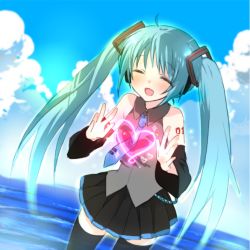 Rule 34 | 1girl, ahoge, aqua hair, bad id, bad pixiv id, cloud, day, detached sleeves, closed eyes, hatsune miku, heart, long hair, necktie, sino (sionori), skirt, sky, smile, solo, thighhighs, twintails, very long hair, vocaloid, water