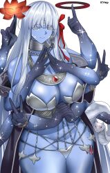 Rule 34 | 1girl, absurdres, armor, bare shoulders, belly chain, bikini armor, blue eyes, blue skin, bracelet, breasts, chakram, cleavage, closed mouth, collarbone, colored skin, double v, earrings, extra arms, fate/grand order, fate (series), flower, hair ribbon, highres, interlocked fingers, jewelry, kali (fate), kymp, large breasts, long hair, looking at viewer, navel, neck ring, necklace, own hands together, revealing clothes, ribbon, sash, snake, solo, sparkle, thick thighs, thighs, third eye, thumb ring, v, very long hair, weapon, white hair