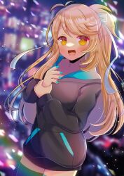 Rule 34 | 1girl, :d, antenna hair, black hoodie, black thighhighs, blonde hair, blue nails, blurry, blurry background, blush, bow, breasts, chloe aoki, commentary request, commission, depth of field, hair bow, holding own wrist, hood, hood down, hoodie, indie virtual youtuber, kou hiyoyo, long hair, long sleeves, looking at viewer, medium breasts, nail polish, open mouth, ponytail, puffy long sleeves, puffy sleeves, skeb commission, smile, solo, thighhighs, very long hair, virtual youtuber, white bow, yellow eyes