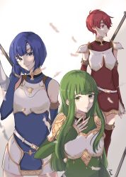 Rule 34 | 3girls, armor, blue hair, breastplate, catria (fire emblem), est (fire emblem), fire emblem, fire emblem: mystery of the emblem, fire emblem: new mystery of the emblem, fire emblem: shadow dragon, fire emblem: shadow dragon and the blade of light, fire emblem echoes: shadows of valentia, fire emblem gaiden, green hair, highres, holding, holding weapon, looking at viewer, multiple girls, nintendo, palla (fire emblem), pauldrons, pink hair, polearm, shoulder armor, siblings, smile, spear, weapon