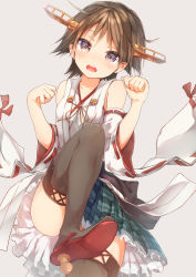 Rule 34 | 10s, 1girl, aiguillette, bare shoulders, black thighhighs, blush, brown hair, detached sleeves, flipped hair, frilled skirt, frills, green skirt, hairband, head tilt, headgear, hiei (kancolle), japanese clothes, kantai collection, kimono, leg up, long sleeves, nontraditional miko, paw pose, plaid, plaid skirt, pleated skirt, red ribbon, ribbon, ribbon-trimmed sleeves, ribbon trim, round teeth, short hair, skirt, smile, solo, standing, standing on one leg, sune (mugendai), suneo, teeth, thighhighs, thighs, wide sleeves