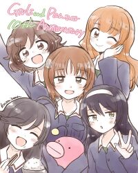 5girls :d ;) akiyama_yukari anglerfish anniversary arm_up black_hair blue_jacket blunt_bangs bowl brown_eyes brown_hair chopsticks closed_eyes commentary copyright_name eating emblem facing_viewer fish food food_on_face girls_und_panzer group_picture hairband half-closed_eyes hand_on_own_face highres holding holding_bowl holding_chopsticks holding_stuffed_toy isuzu_hana jacket kaisen_(kaisen3team) long_hair long_sleeves messy_hair military_uniform multiple_girls nishizumi_miho one_eye_closed ooarai_military_uniform open_mouth orange_eyes orange_hair reizei_mako rice short_hair simple_background smile stuffed_toy takebe_saori twitter_username w white_background white_hairband