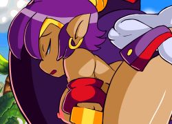 Rule 34 | 2girls, all fours, animated, animated gif, bouncing breasts, breasts, cropped, dark-skinned female, dark skin, doggystyle, jewelry, large breasts, looping animation, lots of jewelry, multiple girls, nipples, nude, open mouth, risky boots, sex, sex from behind, shantae, shantae (series), spazkid