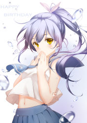 1girl absurdres clouble female_focus hands_on_own_face happy_birthday highres long_hair looking_at_viewer navel necktie original ponytail school_uniform serafuku skirt solo text_focus water_drop yellow_eyes