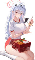 Rule 34 | 1girl, absurdres, blue archive, haruna (blue archive), highres, kitin, long hair, looking at viewer, red eyes, shirt, short sleeves, simple background, smile, solo, white hair, white shirt