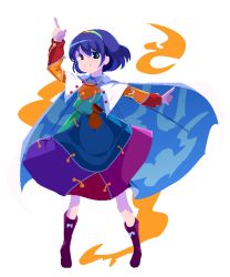 Rule 34 | 1girl, aura, blue eyes, blue hair, cape, commentary request, dress, hairband, long sleeves, multicolored clothes, multicolored dress, multicolored hairband, patchwork clothes, pixel art, pointing, pointing up, rainbow gradient, red button, rrssrr, short hair, sky print, tenkyuu chimata, touhou, transparent background, two-tone cape, unconnected marketeers, white cape, zipper