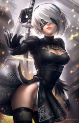 Rule 34 | 1girl, artist name, black blindfold, black dress, black footwear, black gloves, black hairband, black thighhighs, blindfold, boots, breasts, cleavage, cleavage cutout, clothing cutout, commentary, contrapposto, covered eyes, deviantart username, dress, facing viewer, feather-trimmed sleeves, gloves, hairband, highleg, highleg leotard, highres, juliet sleeves, large breasts, leotard, lips, long sleeves, madeleine bellwoar, nier (series), nier:automata, nose, puffy sleeves, short hair, silver hair, solo, standing, thigh boots, thighhighs, thighhighs under boots, turtleneck, vambraces, watermark, web address, white leotard, wind, wind lift, 2b (nier:automata)