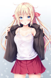 Rule 34 | 1girl, :o, akashio (loli ace), blonde hair, blue eyes, blush, bow, breasts, camisole, collarbone, cowboy shot, hair between eyes, hair bow, highres, jacket, long hair, looking at viewer, medium breasts, miniskirt, open clothes, open jacket, open mouth, original, pink bow, pleated skirt, red skirt, sidelocks, skirt, solo, two side up