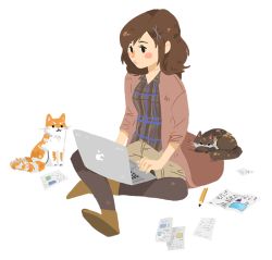 Rule 34 | 1girl, :3, apple logo, black eyes, blush, brown footwear, brown hair, brown pantyhose, brown shirt, cat, collared shirt, commentary, english commentary, flat color, full body, hair ornament, indian style, jacket, looking at screen, macbook, multiple cats, no lineart, orange cat, original, pantyhose, paper, pencil, pink jacket, self-portrait, shirt, shoes, sitting, sleeping animal, solo, sooyun choi, transparent background, using computer, x hair ornament