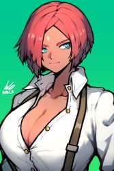 Rule 34 | 1girl, blue eyes, breasts, bursting breasts, cleavage, collared shirt, commentary, dark-skinned female, dark skin, dated, english commentary, ginseng (xin), giovanna (guilty gear), green background, guilty gear, guilty gear strive, hair over one eye, highres, large breasts, lips, parted bangs, partially unbuttoned, red hair, shirt, short hair, signature, solo, suspenders