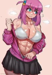 Rule 34 | 1girl, bare shoulders, black skirt, blue eyes, blush, bocchi the rock!, breasts, cleavage, collarbone, cowboy shot, cube hair ornament, ezzydraws, flying sweatdrops, gotoh hitori, hair between eyes, hair ornament, hand up, highres, jacket, large breasts, long hair, long sleeves, muscular, muscular female, one side up, pink hair, pink jacket, pleated skirt, shiny skin, sideways glance, skirt, solo, sweat, track jacket, unzipping, watermark, web address