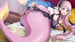 Rule 34 | 1girl, artist request, ass, blue eyes, blush, breasts, clothes lift, drill hair, fins, game cg, hair between eyes, head fins, large breasts, lifting own clothes, long hair, looking at viewer, maid headdress, mermaid, meroune lorelei, monster girl, monster musume no iru nichijou, monster musume no iru nichijou online, official alternate costume, official art, on bed, open mouth, pillow, pink hair, pointy ears, scales, skirt, skirt lift, solo, very long hair, webbed hands