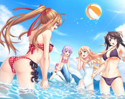 Rule 34 | 4girls, :d, aerial (maou to odore), aqua eyes, ball, bandeau, beachball, bikini, blonde hair, blue sky, breasts, casual one-piece swimsuit, character request, covered erect nipples, cowboy shot, day, fisheye, frilled bikini, frills, game cg, gluteal fold, hair ornament, hairclip, highres, horns, kannatsuki noboru, large breasts, leaning forward, long hair, low-tied long hair, maou to odore!, maou to odore! code:arcana, medium breasts, multiple girls, non-web source, one-piece swimsuit, open mouth, outdoors, pointy ears, polka dot, polka dot bikini, purple bikini, purple eyes, purple hair, red bikini, ryisu, side-tie bikini bottom, sky, small breasts, smile, sunlight, swimsuit, tiana (maou to odore!), wading, water, white one-piece swimsuit
