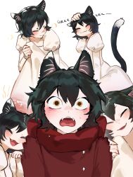 Rule 34 | 1girl, :3, = =, ^ ^, absurdres, alternate costume, animal ears, black footwear, black hair, blush, cat ears, cat tail, closed eyes, coat, d:, disembodied hand, dress, dungeon meshi, foolish potato, full body, gradient dress, hashtag-only commentary, headpat, high heels, highres, izutsumi, juliet sleeves, long sleeves, looking at viewer, multiple views, open mouth, photo-referenced, puffy sleeves, purring, red coat, red dress, red scarf, scarf, short hair, simple background, standing, tail, white background, white dress