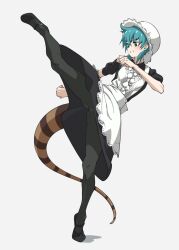 Rule 34 | 1girl, apron, aqua hair, bare arms, black dress, black footwear, black pantyhose, center frills, commentary, dress, frills, from side, full body, green eyes, grey background, hair between eyes, hat, high kick, highres, kemono friends, kemono friends 3, kicking, legs, maid, mary janes, medium hair, mob cap, official alternate costume, pantyhose, parted lips, puffy short sleeves, puffy sleeves, shoes, short sleeves, simple background, snake tail, solo, standing, standing on one leg, striped tail, tail, tanabe (fueisei), tiptoes, tsuchinoko (kemono friends), white apron