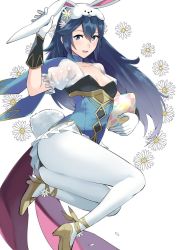 Rule 34 | 1girl, :d, ameno (a meno0), animal ears, ankle ribbon, blue eyes, blue hair, breasts, choker, cleavage, collarbone, daisy, easter egg, egg, fake animal ears, fire emblem, fire emblem awakening, fire emblem heroes, floating hair, flower, food, full body, gloves, hairband, high heels, holding, holding egg, holding food, leg ribbon, long hair, looking at viewer, lucina (fire emblem), lucina (spring) (fire emblem), miniskirt, nintendo, official alternate costume, open mouth, panties, panties under pantyhose, pantyhose, petals, pleated skirt, pumps, rabbit ears, rabbit tail, ribbon, short sleeves, skirt, small breasts, smile, solo, tail, underwear, very long hair, white background, white flower, white gloves, white hairband, white pantyhose, white skirt, white sleeves, yellow footwear, yellow ribbon