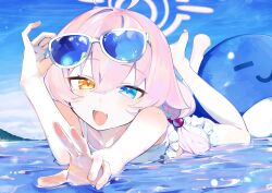 Rule 34 | 1girl, absurdres, ahoge, bikini, blue archive, blue eyes, blush, eyewear on head, fang, fingernails, frilled bikini, frills, hair between eyes, hair bobbles, hair ornament, heterochromia, highres, hoshino (blue archive), hoshino (swimsuit) (blue archive), inflatable toy, inflatable whale, long hair, low twintails, lying, official alternate costume, on stomach, open mouth, pink hair, rotroto, skin fang, smile, solo, sunglasses, swimsuit, twintails, water, white bikini, yellow eyes