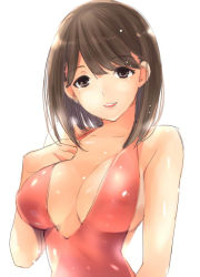 Rule 34 | 1girl, anegasaki nene, breasts, brown eyes, brown hair, casual one-piece swimsuit, cleavage, face, large breasts, love plus, mole, mole under eye, one-piece swimsuit, short hair, smile, solo, swimsuit, taira tsukune