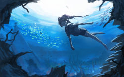 Rule 34 | 1girl, barefoot, commentary request, coral, ergot, freediving, full body, i-168 (kancolle), kantai collection, long hair, ponytail, sailor collar, sailor shirt, school swimsuit, school uniform, serafuku, shirt, solo, swimming, swimsuit, underwater