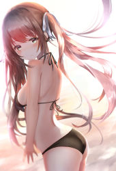 Rule 34 | 1girl, arched back, ass, back, backlighting, bad id, bad pixiv id, bare arms, bare shoulders, bikini, black bikini, breasts, brown hair, closed mouth, cowboy shot, floating hair, from side, green eyes, hair ribbon, halterneck, halterneck, highres, long hair, looking at viewer, original, ribbon, sidelocks, small breasts, solo, standing, string bikini, swimsuit, thighs, twintails, very long hair, yk (pixiv43531291)