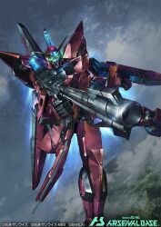 Rule 34 | aegis gundam, clenched hand, cloud, glint, glowing, glowing eyes, green eyes, gun, gundam, gundam arsenal base, gundam seed, holding, holding gun, holding weapon, logo, looking down, mecha, official art, paintedmike, robot, sky, solo, v-fin, weapon