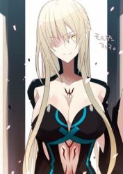 Rule 34 | artist request, blonde hair, braid, breasts, cleavage, colored eyelashes, crown braid, dress, fate/apocrypha, fate (series), jpeg artifacts, large breasts, long hair, lowres, morgan le fay (fate), pale skin, revealing clothes, shaded face, smile, solo, source request, very long hair, yellow eyes