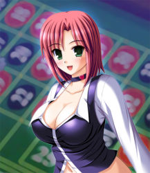 Rule 34 | 1girl, breasts, cleavage, croupier, large breasts, nak yama, red hair, rio rollins, solo, super blackjack