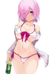 Rule 34 | 1girl, adapted costume, arm behind back, bare shoulders, bikini, bottle, breasts, cameltoe, cleavage, closed mouth, collarbone, commentary request, covered erect nipples, cowboy shot, eyes visible through hair, eyeshadow, fate/grand order, fate (series), front-tie bikini top, front-tie top, grey jacket, groin, hair over one eye, head tilt, highres, holding, holding bottle, jacket, large breasts, legs together, long sleeves, looking at viewer, makeup, mash kyrielight, mash kyrielight (swimsuit of perpetual summer), navel, off shoulder, official alternate costume, okuri banto, open clothes, open jacket, pink hair, purple eyes, short hair, side-tie bikini bottom, simple background, smile, solo, standing, stomach, swimsuit, tareme, white background, white bikini