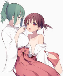 Rule 34 | 2girls, breasts, brown hair, flat chest, green eyes, green hair, highres, itsumi (itumiyuo), japanese clothes, large breasts, long hair, miko, multiple girls, no bra, no nipples, off shoulder, open mouth, ponytail, red eyes, saki (manga), simple background, smile, takimi haru, tan, tanline, twintails, undressing, usuzumi hatsumi, white background