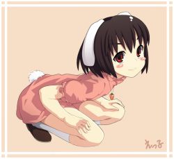 Rule 34 | 1girl, animal ears, bad id, bad pixiv id, black hair, blush stickers, border, brown hair, ettamu, female focus, hands on own knees, inaba tewi, rabbit ears, rabbit girl, rabbit tail, red eyes, short hair, signature, simple background, smile, solo, squatting, tail, touhou