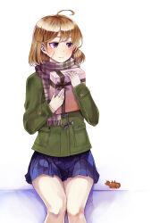 Rule 34 | 1girl, adapted costume, ahoge, bandaid, bandaid on face, blue skirt, crab, feet out of frame, green jacket, grey eyes, grey scarf, highres, jacket, kantai collection, kurou (bcrow), light brown hair, looking to the side, oboro (kancolle), plaid, plaid scarf, pleated skirt, scarf, short hair, simple background, skirt, white background