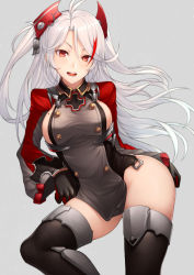 Rule 34 | 1girl, ahoge, azur lane, black gloves, black thighhighs, boots, breasts, cowboy shot, cross, dress, gloves, grey background, hair between eyes, headpiece, iron cross, kyoeiki, long sleeves, looking at viewer, medium breasts, mole, mole on breast, multicolored hair, open mouth, prinz eugen (azur lane), red eyes, red hair, short dress, sideboob, silver hair, simple background, solo, thigh boots, thighhighs, thighs, twintails, two-tone hair, two side up