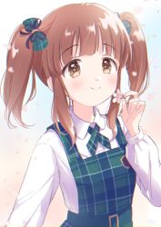 Rule 34 | 1girl, belt, blouse, blush, bow, brown eyes, brown hair, closed mouth, falling petals, flower, gradient background, hair ribbon, hand up, highres, holding, holding flower, idolmaster, idolmaster cinderella girls, idolmaster cinderella girls starlight stage, long hair, looking at viewer, mitsuyahachiko, ogata chieri, petals, plaid, plaid skirt, ribbon, shirt, skirt, smile, solo, standing, suspender skirt, suspenders, twintails