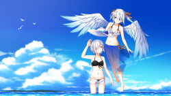 Rule 34 | 2girls, :o, angel, angel wings, aoi thomas, arm up, bare arms, bare shoulders, barefoot, bikini, bikini top only, bikini under clothes, black bikini, blue eyes, blue hair, blue sky, blue wings, closed mouth, cloud, collarbone, commentary request, day, feathered wings, gradient hair, gradient wings, hair between eyes, hair over one eye, hair ribbon, hat, unworn hat, unworn headwear, highres, holding, holding clothes, holding hat, horizon, multicolored hair, multicolored wings, multiple girls, ocean, open clothes, open fly, open shorts, original, outdoors, parted lips, red eyes, red ribbon, ribbon, see-through, short shorts, shorts, silver hair, sky, smile, standing, sun hat, swimsuit, twintails, wading, water, white bikini, white headwear, white shorts, white wings, wings