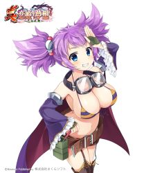 Rule 34 | 1girl, bare shoulders, belt, bikini, bikini top only, blue eyes, blush, breasts, cape, cleavage, copyright name, detached sleeves, fingerless gloves, frills, front-tie bikini top, front-tie top, garter straps, gloves, goggles, goggles around neck, grin, hair ornament, highres, koihime musou, large breasts, logo, looking at viewer, navel, official art, purple hair, riten, salute, screwdriver, short shorts, shorts, simple background, skull hair ornament, smile, solo, swimsuit, thighhighs, tools, white background