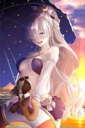 Rule 34 | 1girl, anastasia (fate), anastasia (swimsuit archer) (fate), anastasia (swimsuit archer) (third ascension) (fate), bare shoulders, beach, bikini, bikini skirt, blue bikini, blue dress, blue eyes, blue skirt, blush, breasts, cleavage, collarbone, collared dress, commentary, cowboy shot, doll, dress, fate/grand order, fate (series), fingernails, hair ornament, hair over one eye, hair ribbon, highres, holding, holding swim ring, innertube, jewelry, large breasts, lifebuoy, long hair, long sleeves, looking at another, nail polish, open mouth, oriuo q, outdoors, pink nails, ponytail, ribbon, silver hair, skirt, sky, smile, solo, strapless, sunglasses, sunlight, swept bangs, swim ring, swimsuit, umbrella, very long hair, viy (fate), water, white sleeves