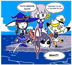 Rule 34 | 1boy, 3girls, :d, black sclera, blue skirt, blue sky, braid, brown hair, chibi, closed eyes, cloud, colored sclera, commentary, day, dolphi, english commentary, english text, fukami (funamusea), funamusea, grey eyes, grey hair, hoop, jitome, jumping, memoca, multicolored hair, multiple girls, notice lines, ocean, oounabara to wadanohara, open mouth, outdoors, setz, skirt, sky, smile, standing, streaked hair, sweatdrop, tail, twin braids, wadanohara, wide-eyed
