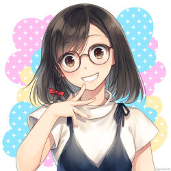 Rule 34 | 1girl, artist name, braid, brown eyes, brown hair, clenched teeth, commentary request, commission, duplicate, forehead, glasses, hagino kouta, hand up, looking at viewer, open mouth, original, parted bangs, pixel-perfect duplicate, round eyewear, shirt, short sleeves, skeb commission, smile, solo, teeth, upper body, white shirt