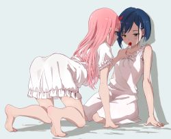 Rule 34 | 10s, 2girls, all fours, aqua eyes, arm support, ass, bare arms, bare shoulders, barefoot, blue background, blue hair, blush, breasts, closed mouth, collarbone, darling in the franxx, dress, eyeliner, feeding, feet, food, food in mouth, frilled dress, frills, fruit, full body, green eyes, hair ornament, hairclip, half-closed eyes, hand up, hasisisissy, highres, horns, ichigo (darling in the franxx), long hair, looking at another, looking down, makeup, mouth hold, multiple girls, name connection, object namesake, parted bangs, pink hair, revision, ribbon, shade, shadow, short hair, short sleeves, simple background, single horn, sitting, sleeveless, sleeveless dress, small breasts, smile, soles, straight hair, strawberry, wariza, white dress, white ribbon, yokozuwari, yuri, zero two (darling in the franxx)