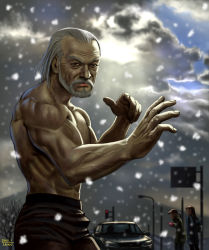 Rule 34 | 1boy, 2girls, black eyes, car, cloud, dated, face, facial hair, fighting stance, looking at viewer, matataku, motor vehicle, multiple girls, muscular, old, old man, original, realistic, short hair, silver hair, sky, snow, snowing, solo focus, topless male, vehicle