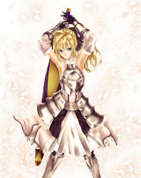 Rule 34 | 1girl, ahoge, armor, armored dress, armpits, artoria pendragon (fate), avalon (fate/stay night), bare shoulders, blonde hair, bow, capcom, detached sleeves, dress, fate/stay night, fate/unlimited codes, fate (series), faulds, frills, gauntlets, green eyes, hair bow, highres, infinote, ponytail, saber (fate), saber lily, sheath, sheathed, solo