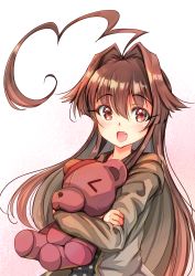 Rule 34 | 1girl, absurdres, ahoge, black dress, brown eyes, brown hair, brown jacket, commentary request, hugging doll, dress, fang, gradient background, hair between eyes, hair intakes, highres, hood, hooded jacket, hoodie, huge ahoge, jacket, kantai collection, kuma (kancolle), long hair, looking at viewer, hugging object, official alternate costume, polka dot, polka dot dress, solo, stuffed animal, stuffed toy, teddy bear, upper body, white background, yashin (yasinz)