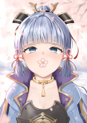 Rule 34 | armor, ayaka (genshin impact), blue capelet, blue eyes, blunt bangs, blush, breastplate, breasts, capelet, cherry tree, cleavage, collarbone, falling petals, flower in mouth, genshin impact, hair ornament, hair ribbon, half-closed eyes, highres, jewelry, long hair, looking at viewer, mofumoffua, mole, mole under eye, mouth hold, neck ring, neck tassel, petals, ponytail, red ribbon, ribbon, signature, silver hair, tress ribbon, upper body