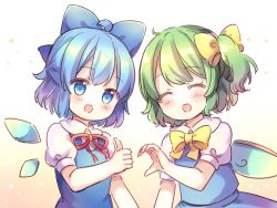 Rule 34 | 2girls, ^ ^, ahoge, blue bow, blue dress, blue eyes, blue hair, blush, bow, bowtie, cirno, closed eyes, coa (chroo x), daiyousei, dress, fairy wings, gradient background, hair bow, hand up, heart hands failure, ice, ice wings, looking at viewer, multiple girls, open mouth, red neckwear, shirt, short sleeves, side ponytail, smile, thumbs up, touhou, upper body, white shirt, wings, yellow bow, yellow neckwear, you&#039;re doing it wrong