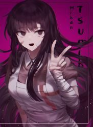 Rule 34 | 1girl, :d, apron, bandaged arm, bandages, bandaid, bandaid on face, black hair, blunt bangs, blush, breasts, character name, collared shirt, commentary request, danganronpa (series), danganronpa 2: goodbye despair, fingernails, hand up, highres, ipeulo, large breasts, long fingernails, long hair, looking at viewer, mole, mole under eye, open mouth, pink shirt, puffy short sleeves, puffy sleeves, purple background, purple hair, shirt, short sleeves, skirt, smile, solo, tsumiki mikan, upper body, v