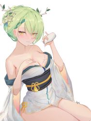 Rule 34 | 1girl, absurdres, antlers, blush, bottle, braid, branch, breasts, ceres fauna, chyraliss, cleavage, green hair, hair ornament, highres, holding, holding bottle, hololive, hololive english, horns, japanese clothes, kimono, large breasts, leaf, looking at viewer, mole, mole under eye, pouring, pouring onto self, smile, solo, virtual youtuber, white kimono, yellow eyes, yukata