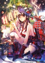 Rule 34 | 1girl, black hair, boots, breasts, christmas tree, cleavage, hat, isaac hein iii, kneeling, long hair, looking at viewer, motor vehicle, motorcycle, no bra, overalls, parted lips, purple eyes, qurare magic library, sideboob, solo, thighhighs, v, vehicle, white thighhighs, wrench