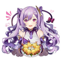 Rule 34 | 1girl, absurdres, bare shoulders, blush, braid, chi trinh, double bun, dress, fang, food, frilled gloves, frilled sleeves, frills, genshin impact, gloves, hair bun, hair ornament, hairclip, heart, highres, holding, holding plate, keqing (genshin impact), long hair, looking at viewer, open mouth, plate, purple eyes, purple hair, shrimp, twintails, upper body, wide sleeves